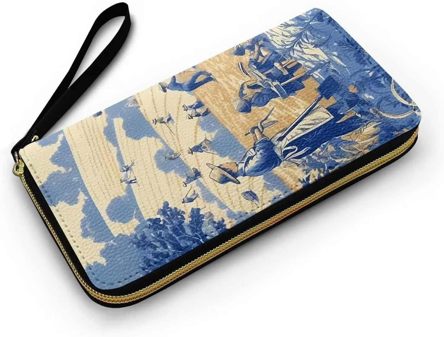 Vintage Farmland Print Women Zip Around Organizer Wallet, Retro Painting Countryside Farmer Printed Long Zipper PU Clutch Wallet French Style Slim Purse for Credit Card