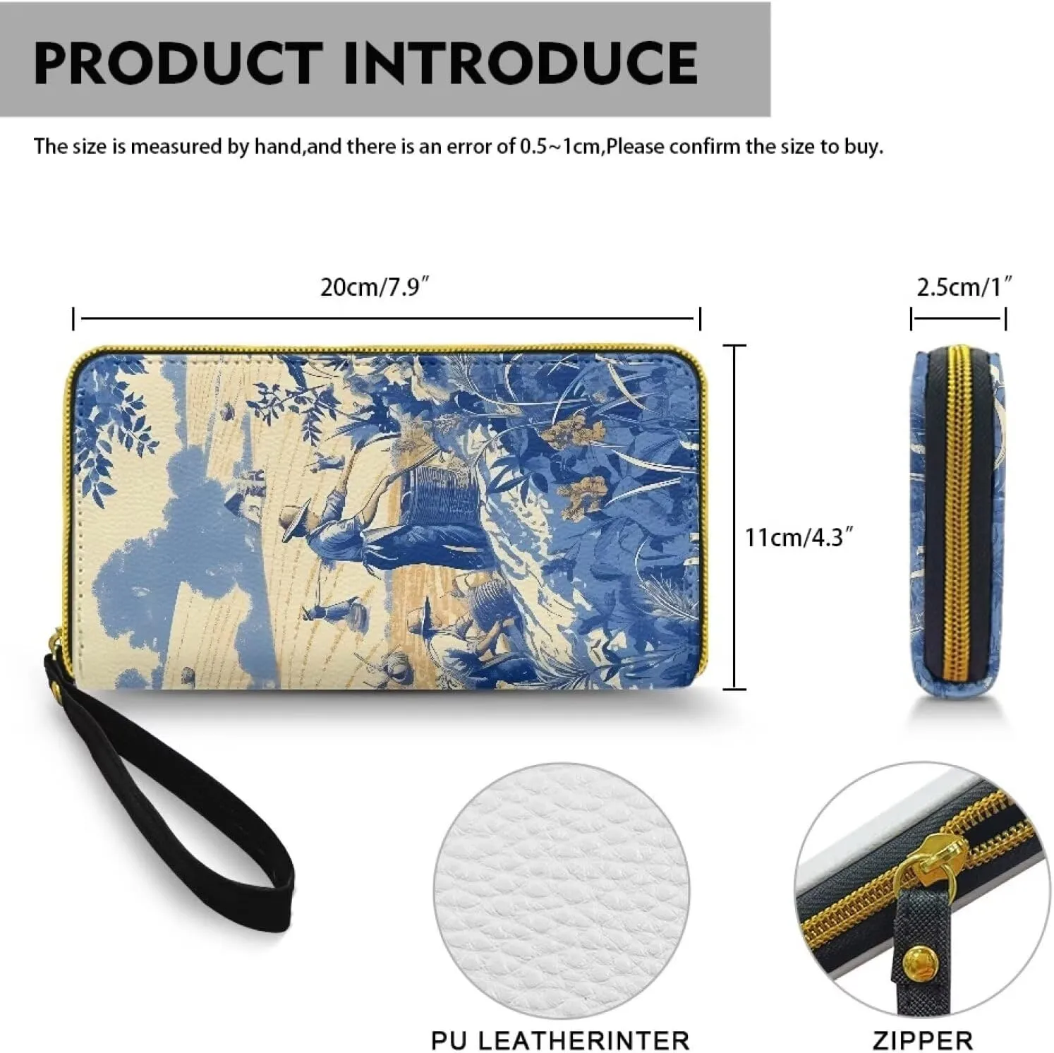 Vintage Farmland Print Women Zip Around Organizer Wallet, Retro Painting Countryside Farmer Printed Long Zipper PU Clutch Wallet French Style Slim Purse for Credit Card