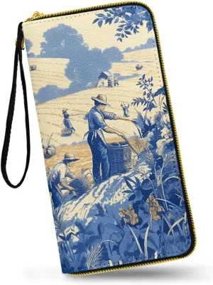 Vintage Farmland Print Women Zip Around Organizer Wallet, Retro Painting Countryside Farmer Printed Long Zipper PU Clutch Wallet French Style Slim Purse for Credit Card