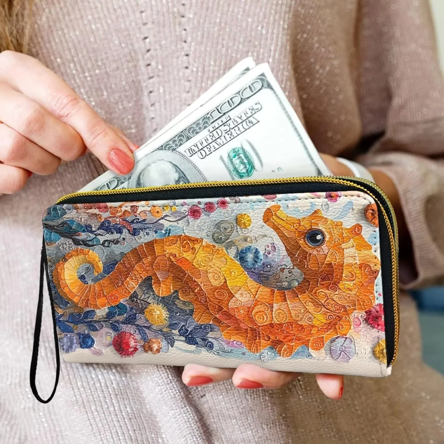 Watercolor Seahorse Print Women's Wallet Long Clutch Colorful Painting Ocean Creature Zip Around Travel Leather Purse, Ladies Credit Card Holder Wallet