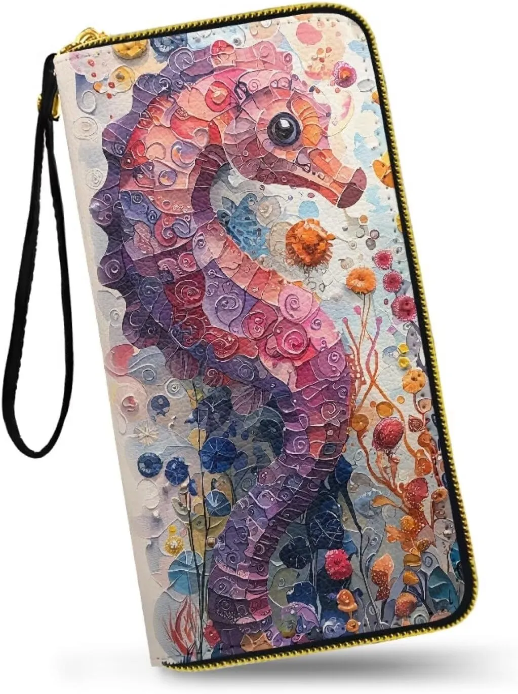 Watercolor Seahorse Print Women's Wallet Long Clutch Colorful Painting Ocean Creature Zip Around Travel Leather Purse, Ladies Credit Card Holder Wallet
