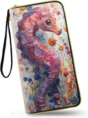 Watercolor Seahorse Print Women's Wallet Long Clutch Colorful Painting Ocean Creature Zip Around Travel Leather Purse, Ladies Credit Card Holder Wallet