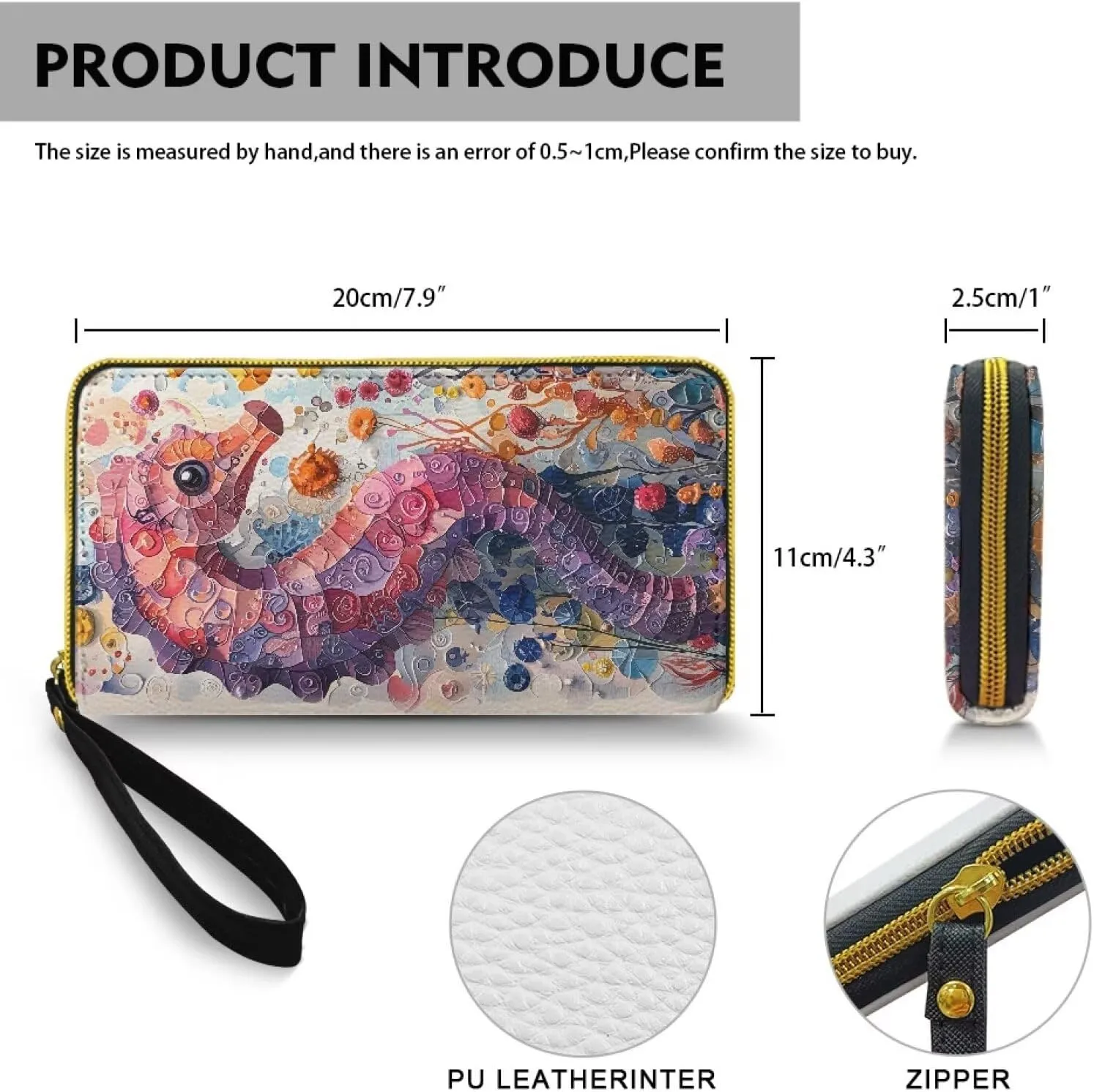 Watercolor Seahorse Print Women's Wallet Long Clutch Colorful Painting Ocean Creature Zip Around Travel Leather Purse, Ladies Credit Card Holder Wallet