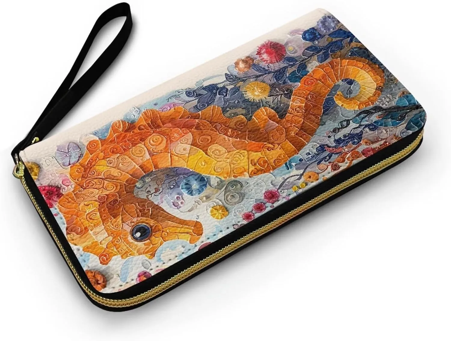 Watercolor Seahorse Print Women's Wallet Long Clutch Colorful Painting Ocean Creature Zip Around Travel Leather Purse, Ladies Credit Card Holder Wallet