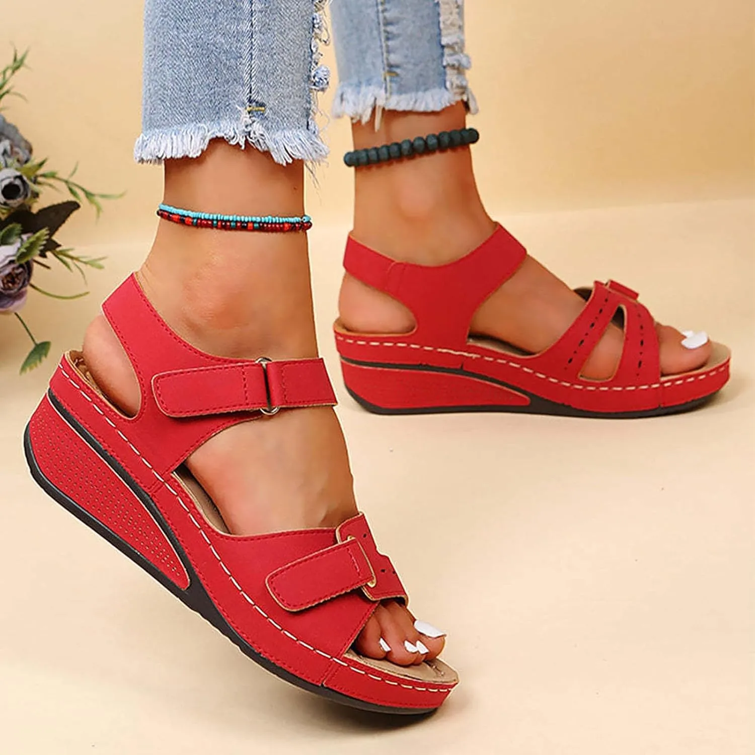 Wedge Sandals for Women 2025 Dressy Wide Width Orthopedic Shoes with Arch Support Summer Slip On Massage Sandals Comfort Ankle Strap Beach Shoes