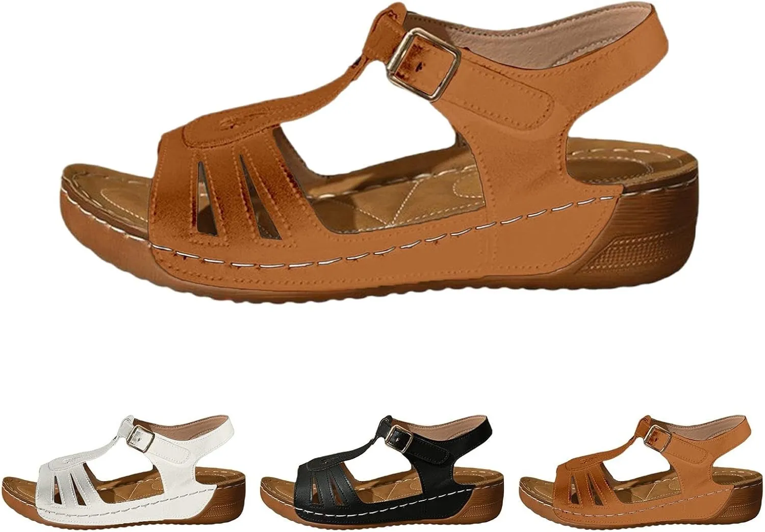 Wedge Sandals for Women 2025 Leather Slip On Beach Sandals Summer Dressy Wide Width T Strap Walking Shoes
