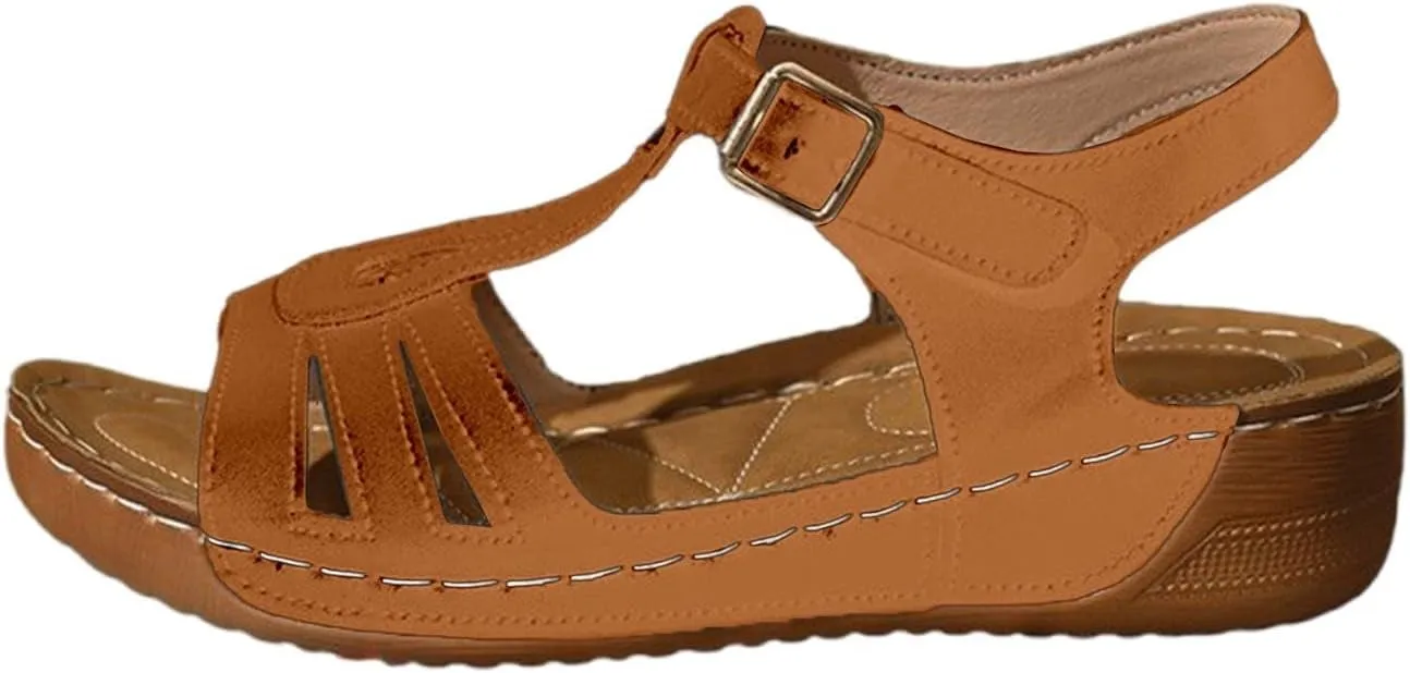Wedge Sandals for Women 2025 Leather Slip On Beach Sandals Summer Dressy Wide Width T Strap Walking Shoes