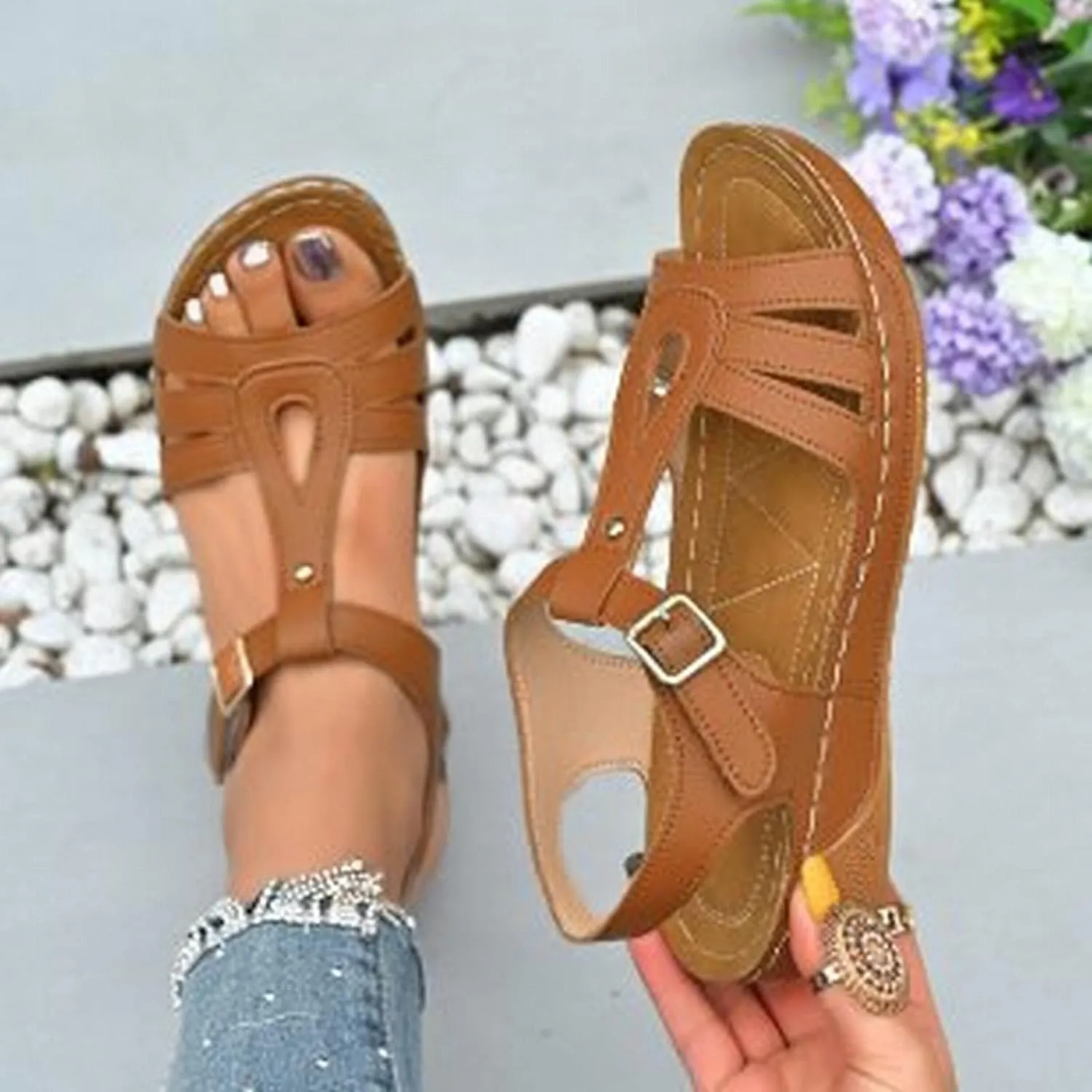 Wedge Sandals for Women 2025 Leather Slip On Beach Sandals Summer Dressy Wide Width T Strap Walking Shoes