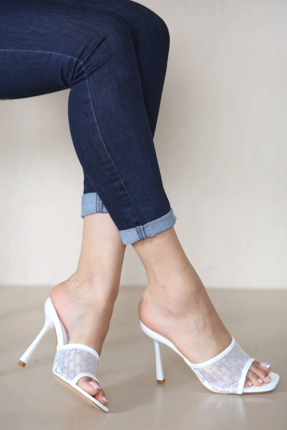 WHITE PU SQUARE TOE MULE HEELS