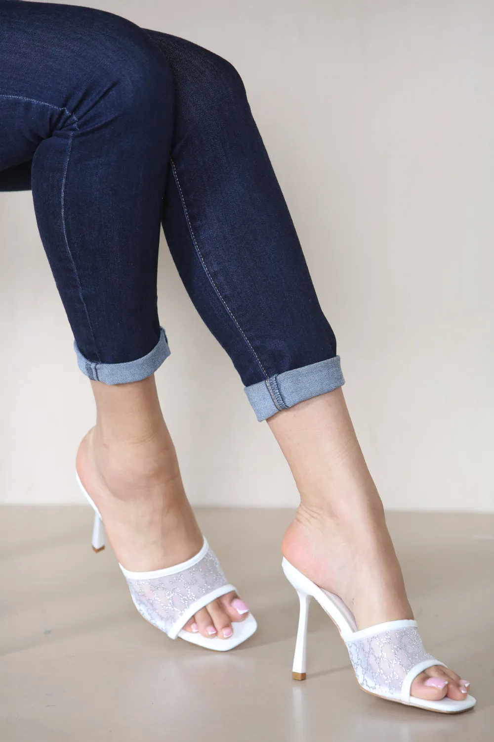 WHITE PU SQUARE TOE MULE HEELS
