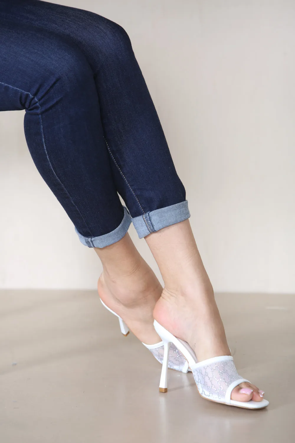 WHITE PU SQUARE TOE MULE HEELS
