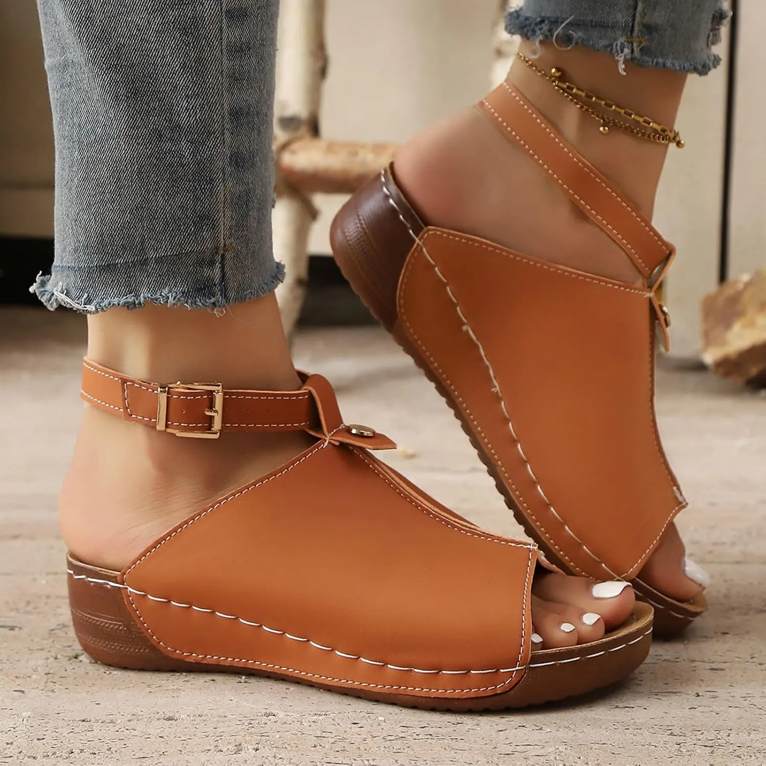 Women Open Toe Platform Wedge Sandals Comfort wide width Slip On Orthopedic Sandals with Arch Support Fish Mouth Cut Out Walking Shoes