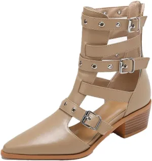 Women's Cow Leather Gladiator Ankle Boots - Peep Toe Hollow Summer Belt Buckle Casual