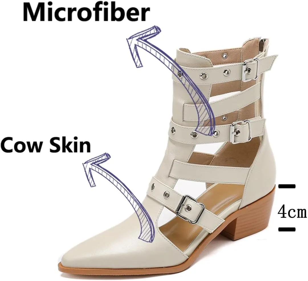 Women's Cow Leather Gladiator Ankle Boots - Peep Toe Hollow Summer Belt Buckle Casual