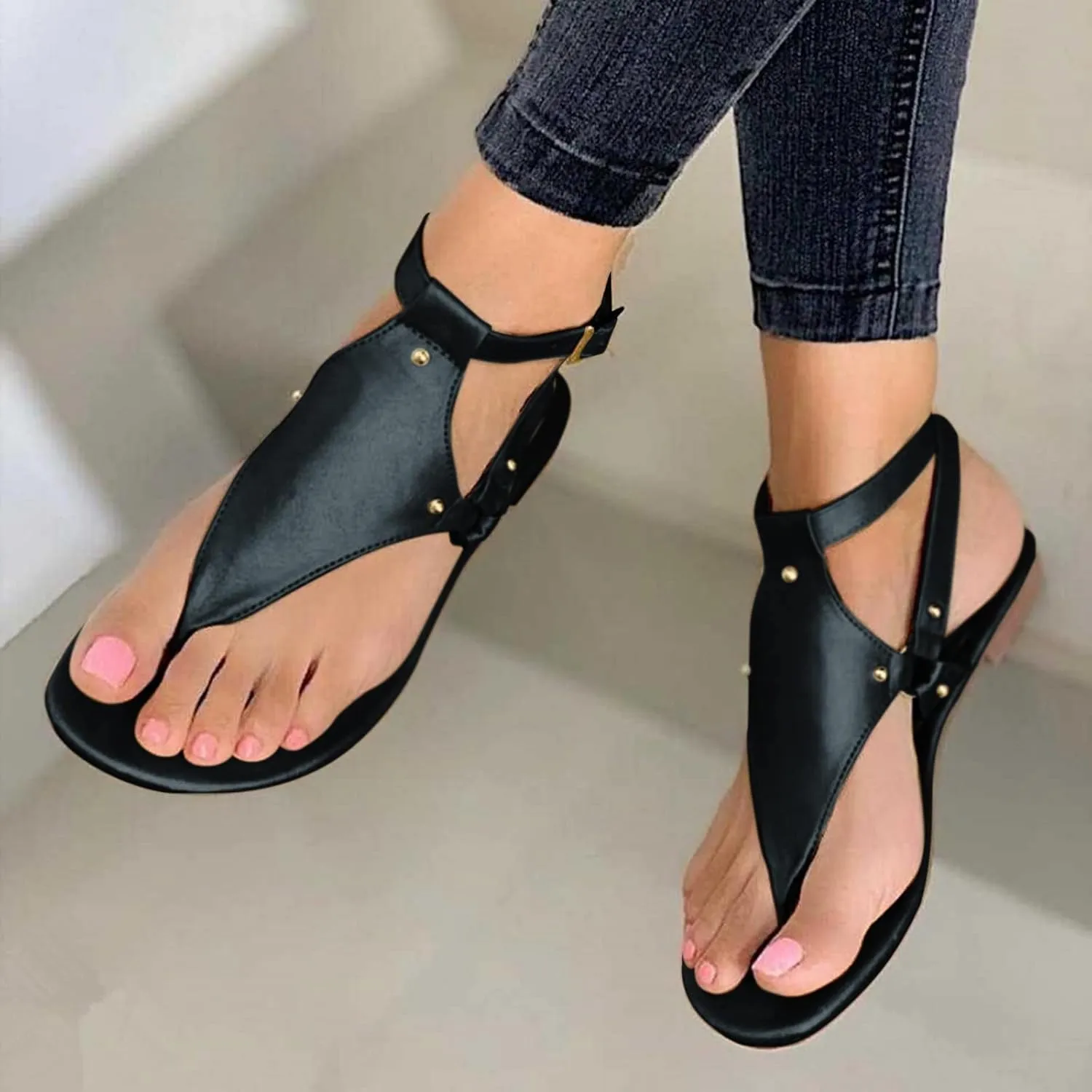 Women's Flat Sandals Arch Support Buckle Ankle Strap T-Strap Gladiator Thong Sandals Summer Soft Cushion Flatform Beach Walking Shoe
