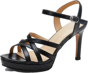 Women's Leather Narrow Band Strap High Heel Open Toe Ankle Strap Pumps Ladies Summer Dress Shoes