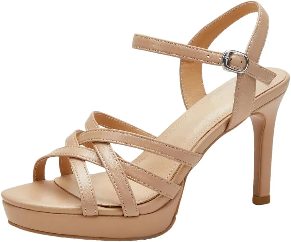 Women's Leather Narrow Band Strap High Heel Open Toe Ankle Strap Pumps Ladies Summer Dress Shoes