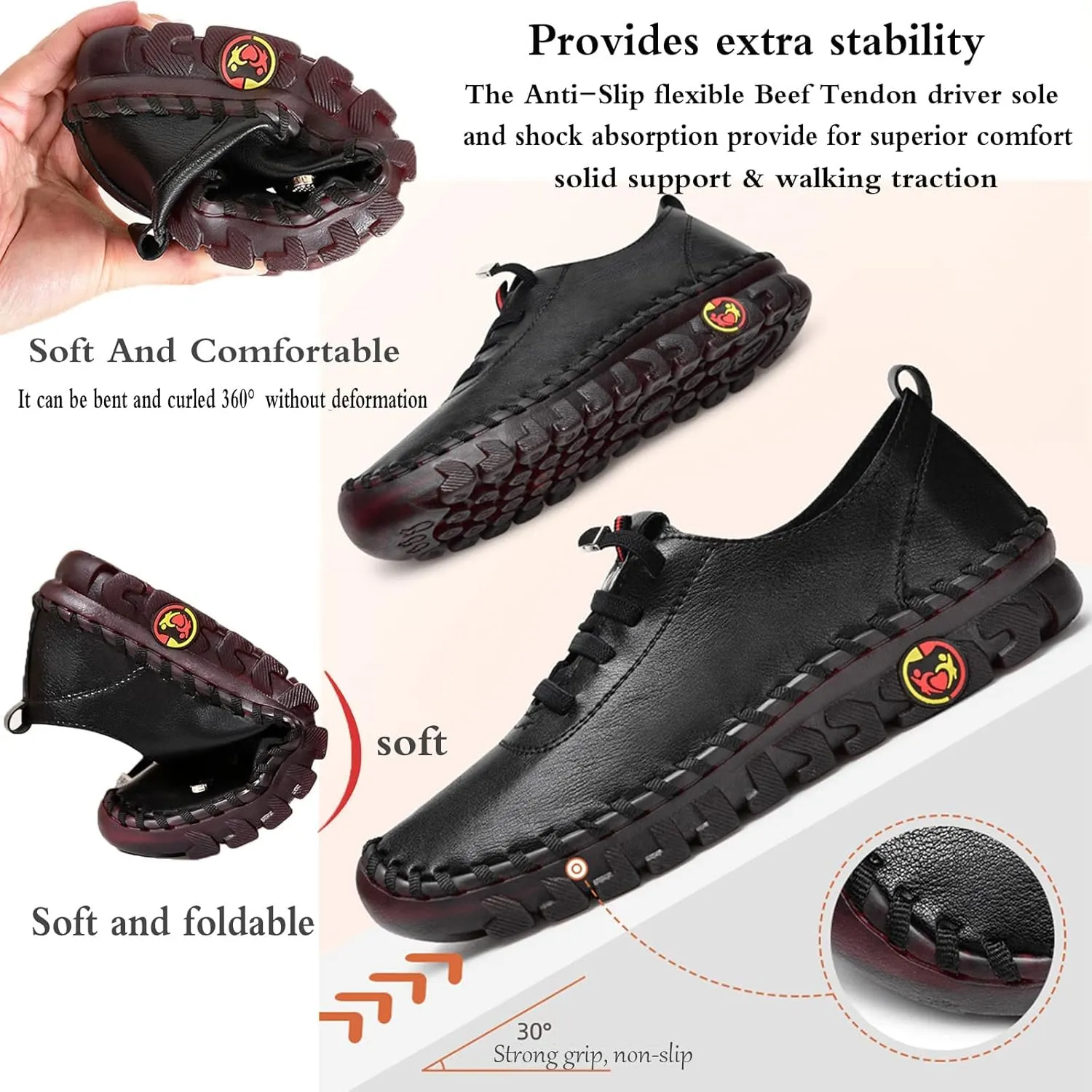 Women's Leather Slip-On Loafers ?C Handmade Soft Flat Shoes with Non-Slip Thick Sole, Breathable Cowhide Walking Shoes