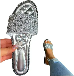 Women's Open Toe Flat Sandals Rhinestone Glitter On Casual Fashion Slippers Summer Beach Slip on Slipper Sandal