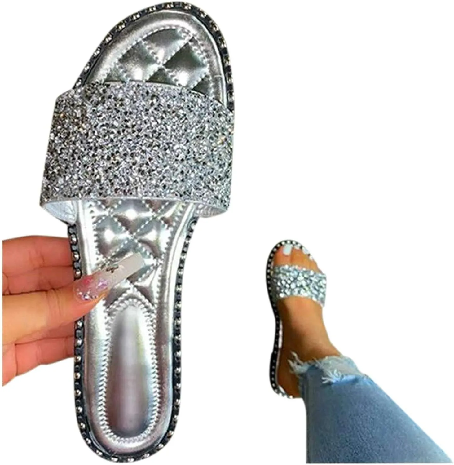 Women's Open Toe Flat Sandals Rhinestone Glitter On Casual Fashion Slippers Summer Beach Slip on Slipper Sandal