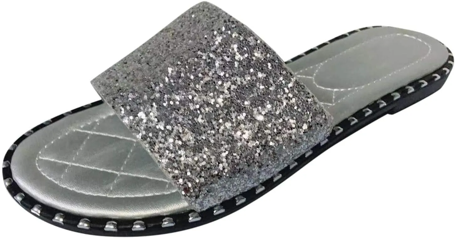 Women's Open Toe Flat Sandals Rhinestone Glitter On Casual Fashion Slippers Summer Beach Slip on Slipper Sandal