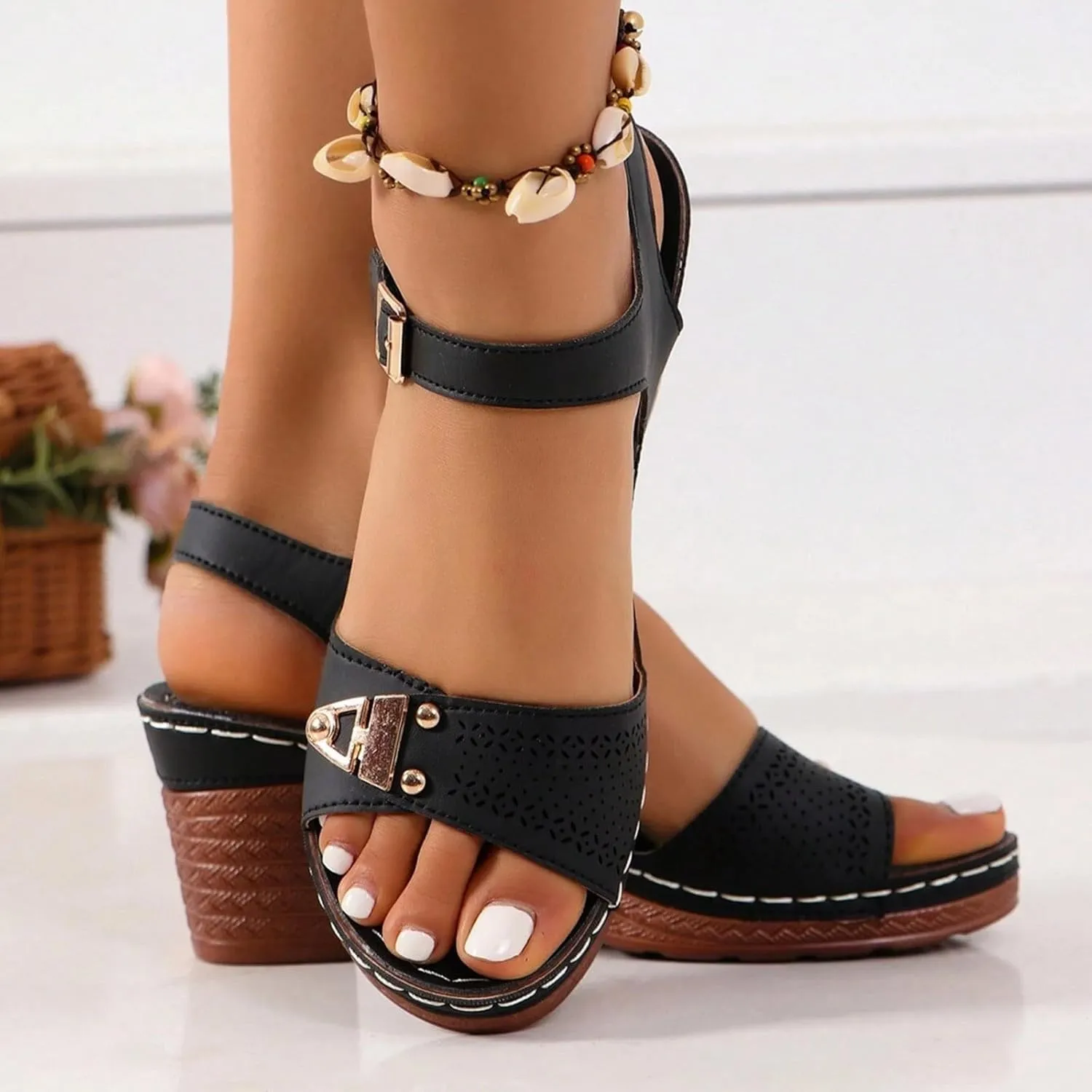 Women's Platform Wedge Sandals Casual Hollow Out Open Toe Sandal Adjustable Ankle Strap Lightweight Walking Shoes Arch Support Peep Slippers Workout Comfortable Sandals
