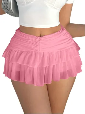 Women's Ruffle Ruched Skirts Tiered Layer Elastic Streetwear Mini Skirt Y2K Coquette Low Waist Flared Short Skirts