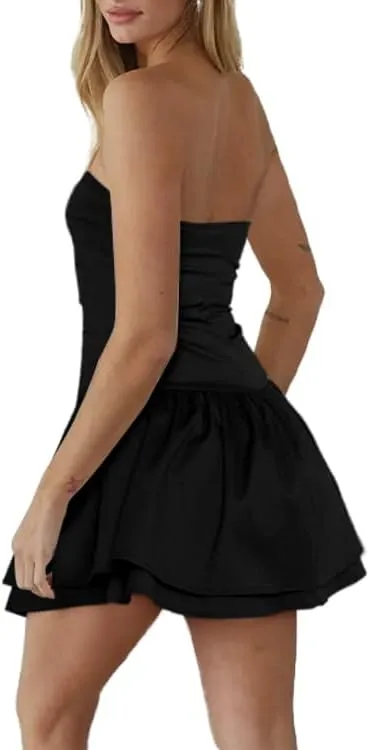 Women's Strapless Tube Dress Sexy Ruched Tiered Layer Hem Dresses Club Party Going Out
