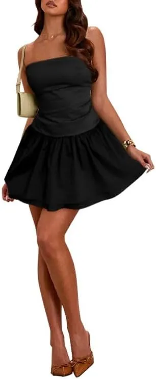 Women's Strapless Tube Dress Sexy Ruched Tiered Layer Hem Dresses Club Party Going Out