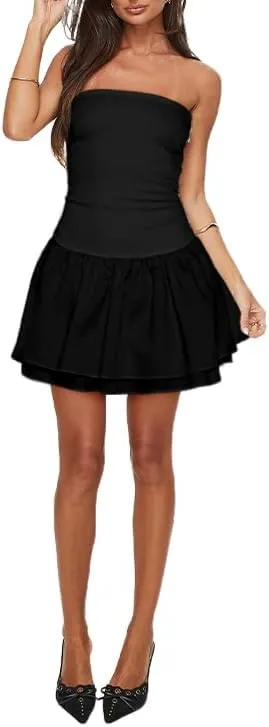 Women's Strapless Tube Dress Sexy Ruched Tiered Layer Hem Dresses Club Party Going Out