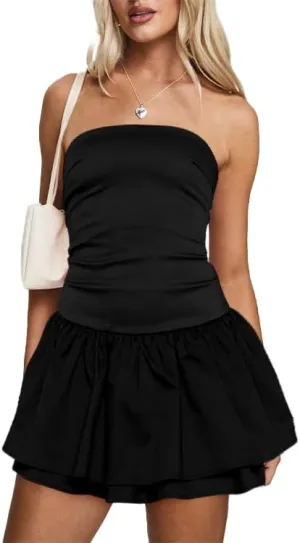 Women's Strapless Tube Dress Sexy Ruched Tiered Layer Hem Dresses Club Party Going Out