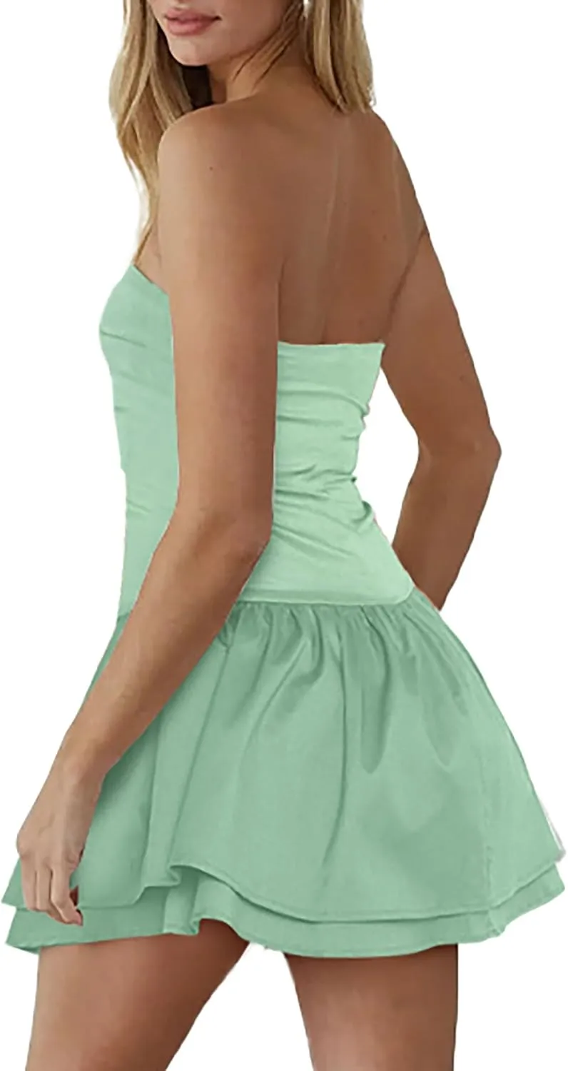 Women's Strapless Tube Dress Sexy Ruched Tiered Layer Hem Dresses Club Party Going Out