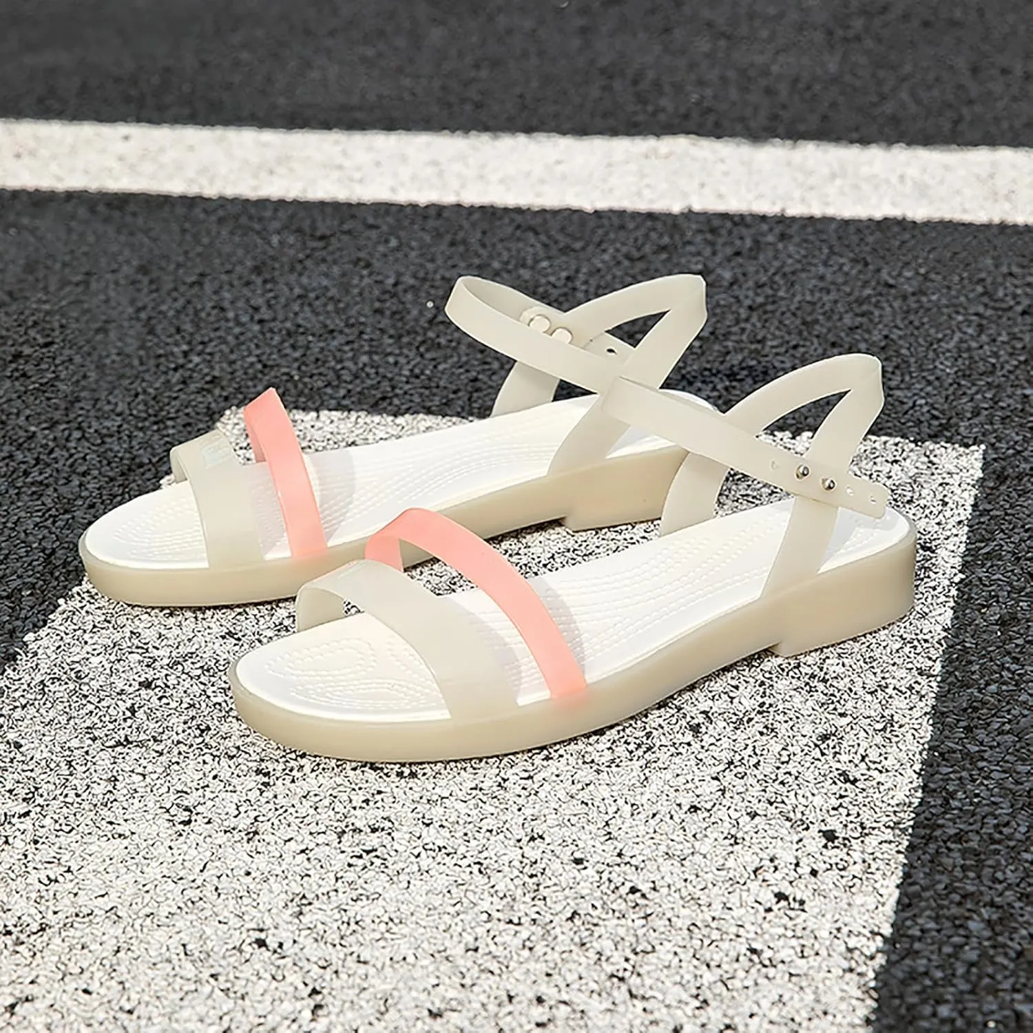 Women's Two-strap Open Toe Jelly Sandals Fashion Adjustable Ankle Strap Non-Slip TPU Rain Shoes Summer Beach Jellies Shoes