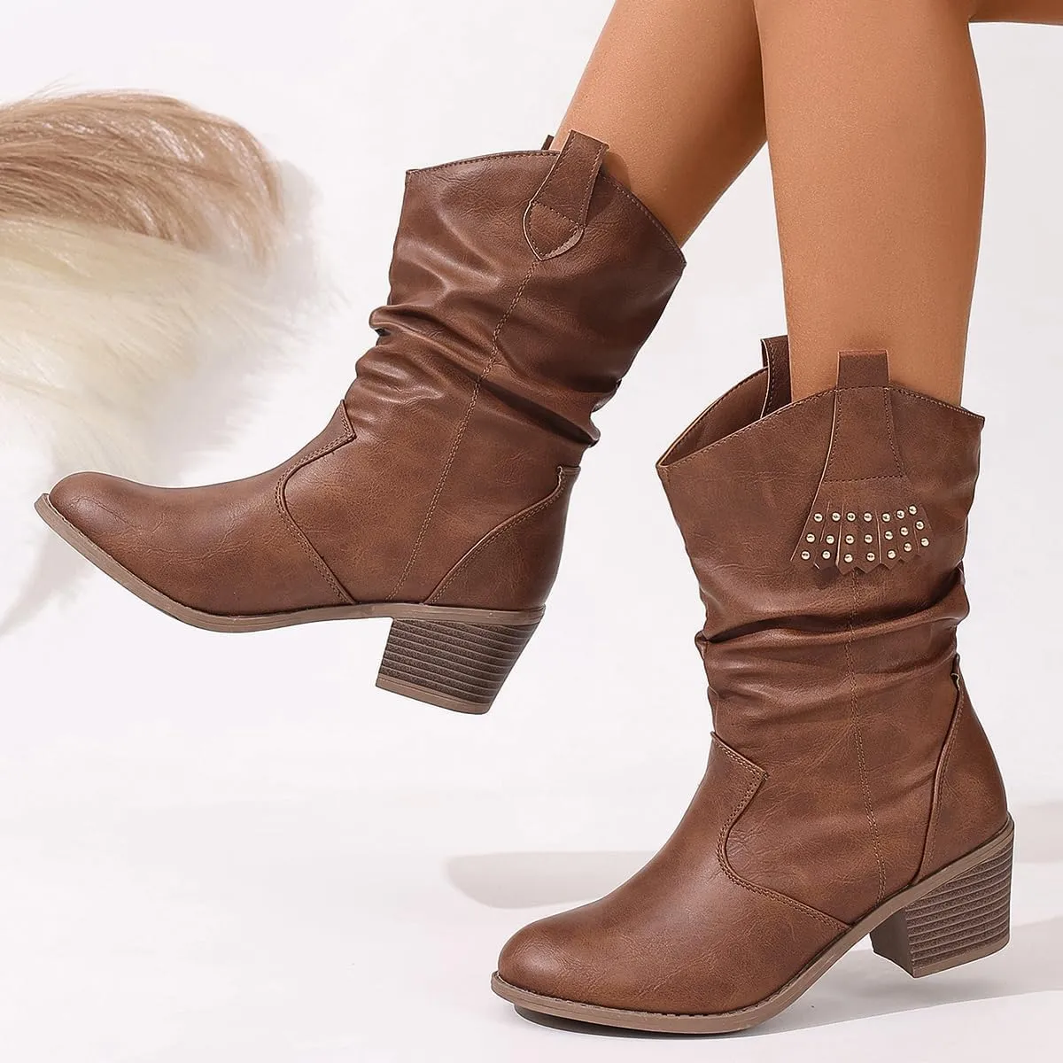Women's Western Fringe Studded short Boots - Slip-On Round Toe Chunky Heel Booties with Wrinkled Texture & Water-Resistant Finish - Casual Cowgirl Boots for Spring/Fall