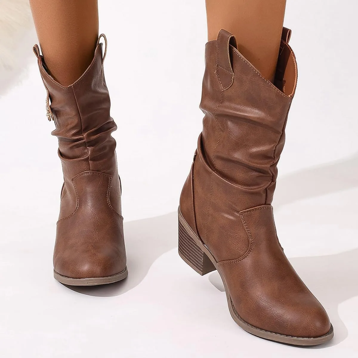 Women's Western Fringe Studded short Boots - Slip-On Round Toe Chunky Heel Booties with Wrinkled Texture & Water-Resistant Finish - Casual Cowgirl Boots for Spring/Fall
