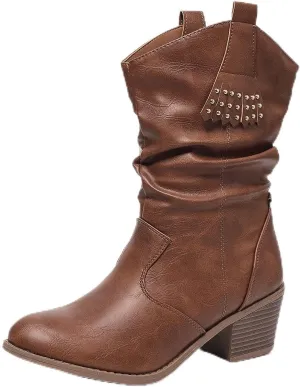 Women's Western Fringe Studded short Boots - Slip-On Round Toe Chunky Heel Booties with Wrinkled Texture & Water-Resistant Finish - Casual Cowgirl Boots for Spring/Fall