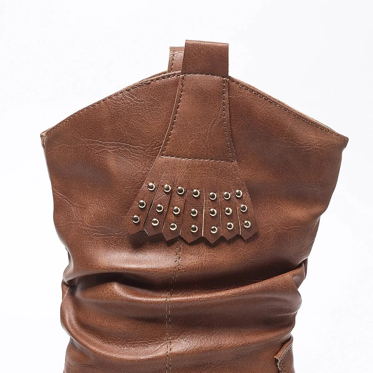 Women's Western Fringe Studded short Boots - Slip-On Round Toe Chunky Heel Booties with Wrinkled Texture & Water-Resistant Finish - Casual Cowgirl Boots for Spring/Fall