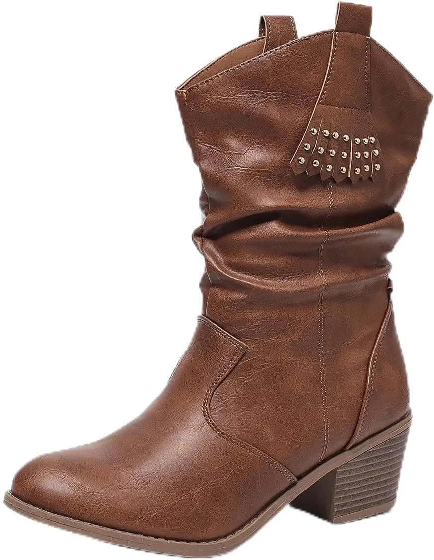 Women's Western Fringe Studded short Boots - Slip-On Round Toe Chunky Heel Booties with Wrinkled Texture & Water-Resistant Finish - Casual Cowgirl Boots for Spring/Fall