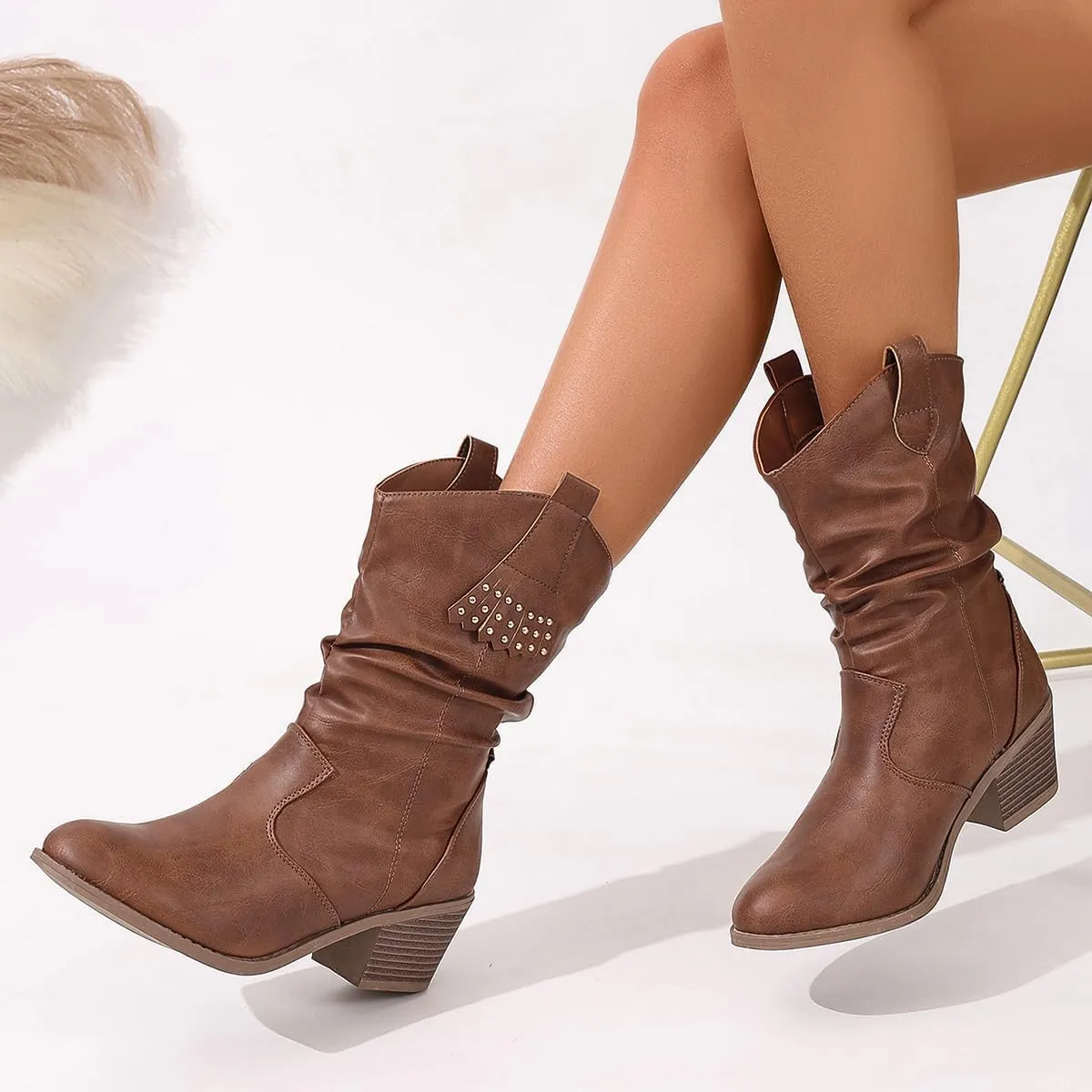 Women's Western Fringe Studded short Boots - Slip-On Round Toe Chunky Heel Booties with Wrinkled Texture & Water-Resistant Finish - Casual Cowgirl Boots for Spring/Fall