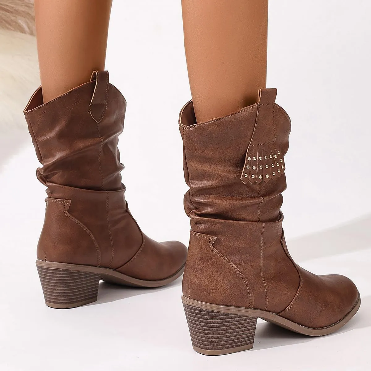 Women's Western Fringe Studded short Boots - Slip-On Round Toe Chunky Heel Booties with Wrinkled Texture & Water-Resistant Finish - Casual Cowgirl Boots for Spring/Fall