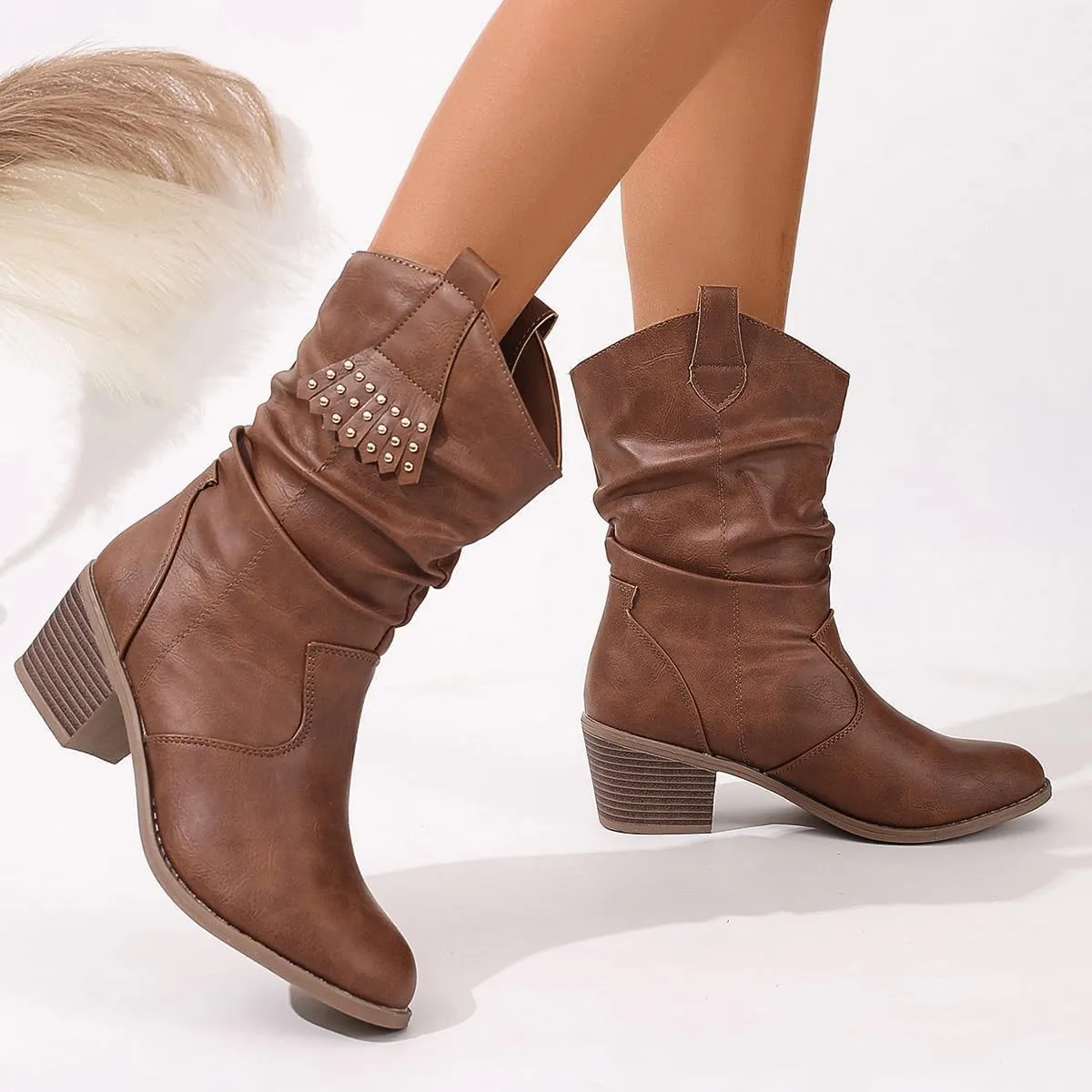 Women's Western Fringe Studded short Boots - Slip-On Round Toe Chunky Heel Booties with Wrinkled Texture & Water-Resistant Finish - Casual Cowgirl Boots for Spring/Fall