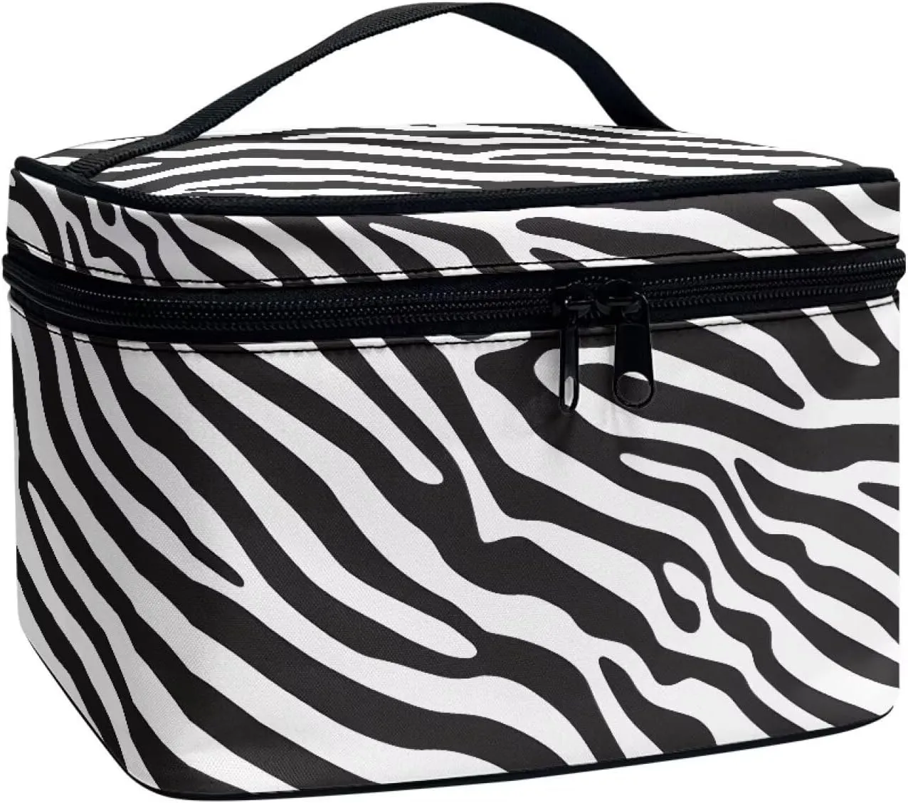Zebra Stripes Women Large Cosmetic Bag Travel Makeup Bag Handle, Black White Animal Skin Texture Portable Toiletries Bag Brush Bags for Traveling