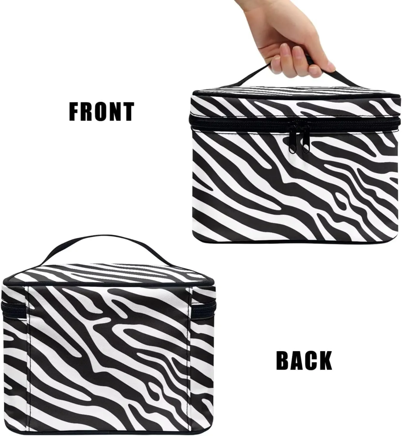 Zebra Stripes Women Large Cosmetic Bag Travel Makeup Bag Handle, Black White Animal Skin Texture Portable Toiletries Bag Brush Bags for Traveling