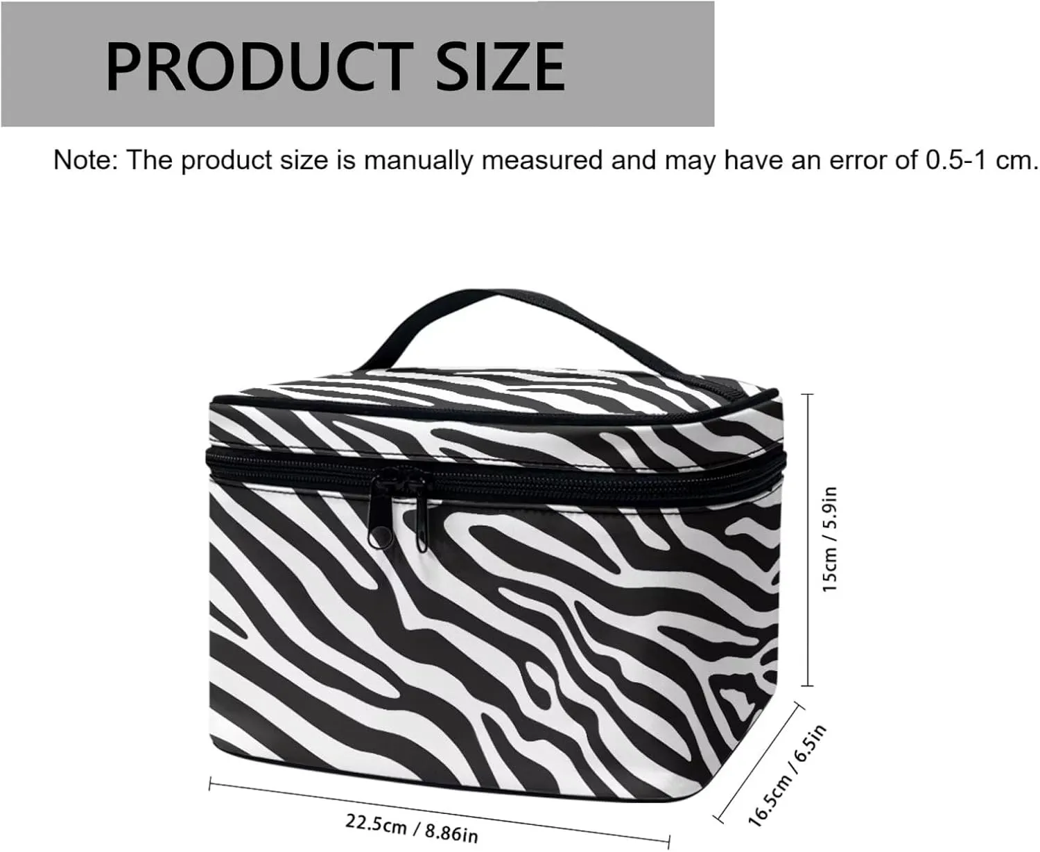 Zebra Stripes Women Large Cosmetic Bag Travel Makeup Bag Handle, Black White Animal Skin Texture Portable Toiletries Bag Brush Bags for Traveling
