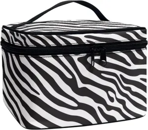 Zebra Stripes Women Large Cosmetic Bag Travel Makeup Bag Handle, Black White Animal Skin Texture Portable Toiletries Bag Brush Bags for Traveling
