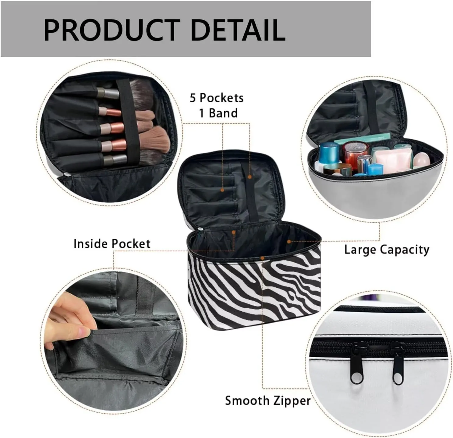 Zebra Stripes Women Large Cosmetic Bag Travel Makeup Bag Handle, Black White Animal Skin Texture Portable Toiletries Bag Brush Bags for Traveling